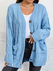 Plus Size Women Casual Cable Drop Shoulder Long Sleeve Knit Cardigan, Autumn/Winter - Baby Blue - View 7