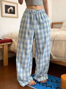 DAZY Women's Elastic Waist Pocket Plaid Casual Pants, Suitable For Daily Wear And Home - Blue - View 7