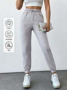 EURMUSE Drawstring Waist Slant Pocket Joggers - Grey - View 1