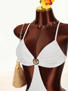 Amplova Women's Avant-Garde Backless Metallic Shell Decor Halter Top Bikini Two Piece Set Shorts Bathing Suit,All White,Summer,Cow Boy,Gym - White - View 2