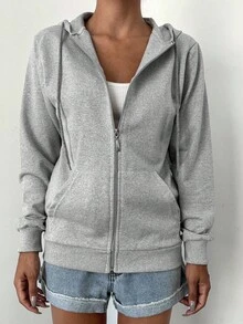 EURMUSE 100%Cotton Casual Solid Zip Up Drawstring Hoodie - Light Grey - View 5