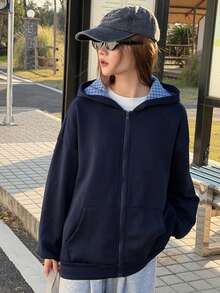 DAZY Áo khoác nỉ giữ ấm dáng rộng cho nữ tuổi teen, phối họa tiết kẻ caro, thích hợp mặc mùa thu. - Màu xanh hải quân - Xem 5