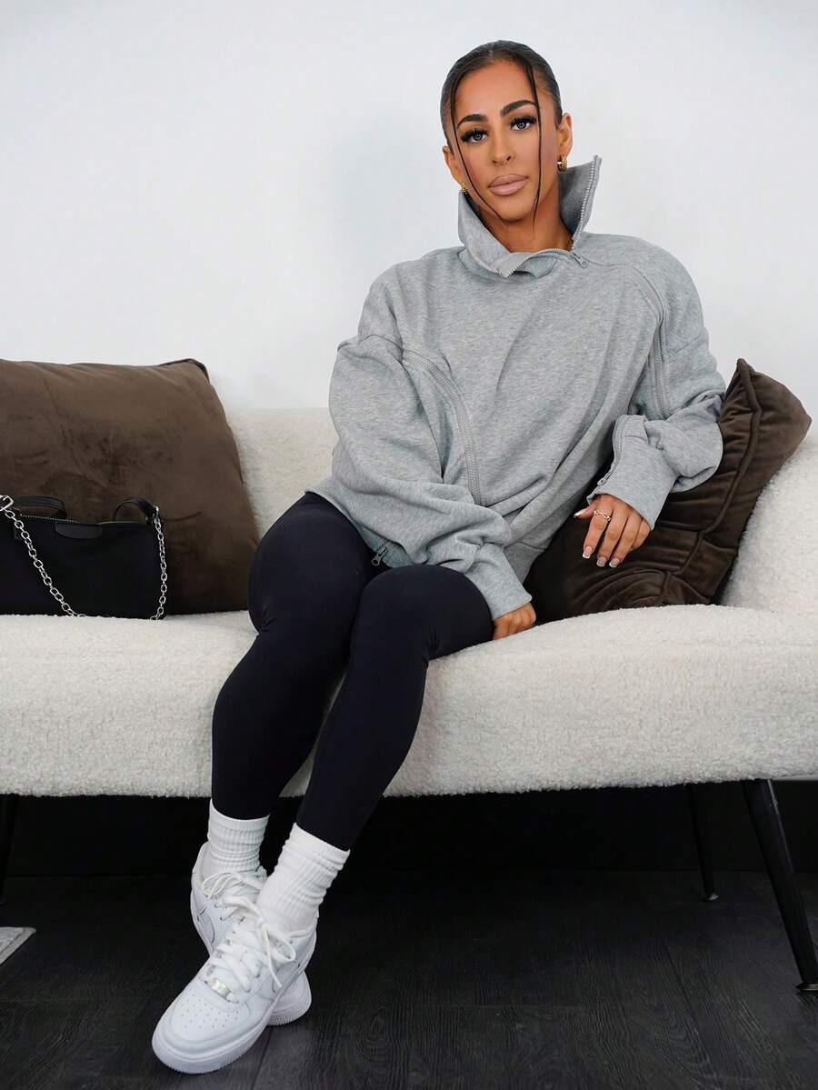 SAYEHFBABY 女士保暖内衬高领灯笼袖拉链门襟卫衣，温暖时尚设计，适合毕业季、教师节等场合，秋季返校季套头衫。 - 深灰色 - 查看 1