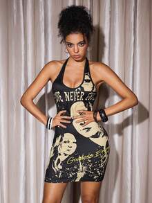 Shutterstock Y2Kool Women's Sexy Printed Halter Backless Black Mini Dress Racerback Dress Punk Dress Graphic Print Dress Goddess Energy Dress Halter Dress Spring Outfits Women Y2K Carnival Clothes - Coral Pink - View 5