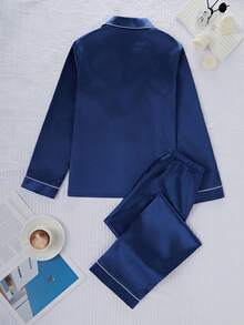 Teen Boys Pajamas-2 Piece Pajama Set Navy Blue Piped Collar Long Sleeve Button Top With Chest Pocket Elastic Waist Straight Long Pants Home Sleep Loungewear Relaxed Fit Four Seasons 2026 New Year Holiday Essential Gift - Royal Blue - View 2