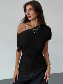 Aloruh Women's Casual Solid Color Asymmetric Shoulder Fitted Blouse, Summer,Summer Top - Black - View 5