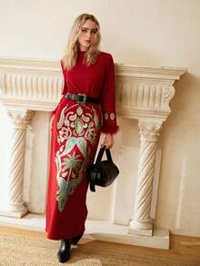 MOTF PREMIUM VESTIDO LARGO SIN CINTURÓN CON ESTAMPADO GRÁFICO Y PARCHES DE MANGA DE PIEL SINTÉTICA PARA MUJER - Rojo - Ver 5
