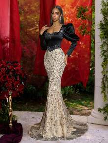 Glamrae Elegant Luxury Woven Satin Cream Collar Puff Sleeve Handmade Crystal Boned Splice Shiny Beaded Embroidered Fishtail Hem Gown, Suitable For Balls, Business, Private Tea Parties, Birthday, Holiday Events, Wedding Guest Dresses, Influencer Formal Dress