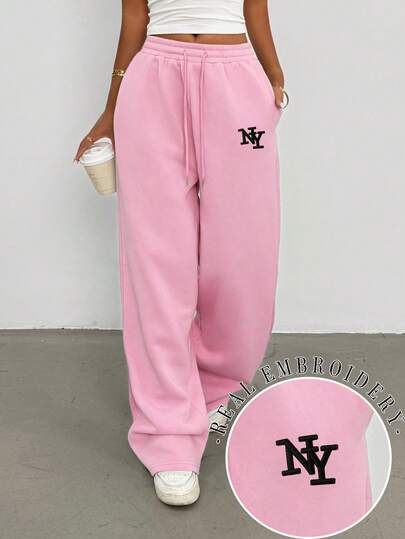 INAWLY Pantalon droit ample et décontracté pour femmes, avec broderie de lettre NY en noir. Design confortable et élégant, convient pour les sorties décontractées et les activités sportives. Pantalon de jogging rose décontracté pour femmes