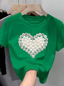 Camiseta para mujer de 100% algodón, suave y cómoda de manga corta y cuello redondo con estampado de simulación de perlas y brillos tipo diamantes en forma de corazón ideal para festividades de Febrero, mes del amor y el amigo Primavera Verano Playera holgada Regalos ideal - Verde Jade - Ver 1