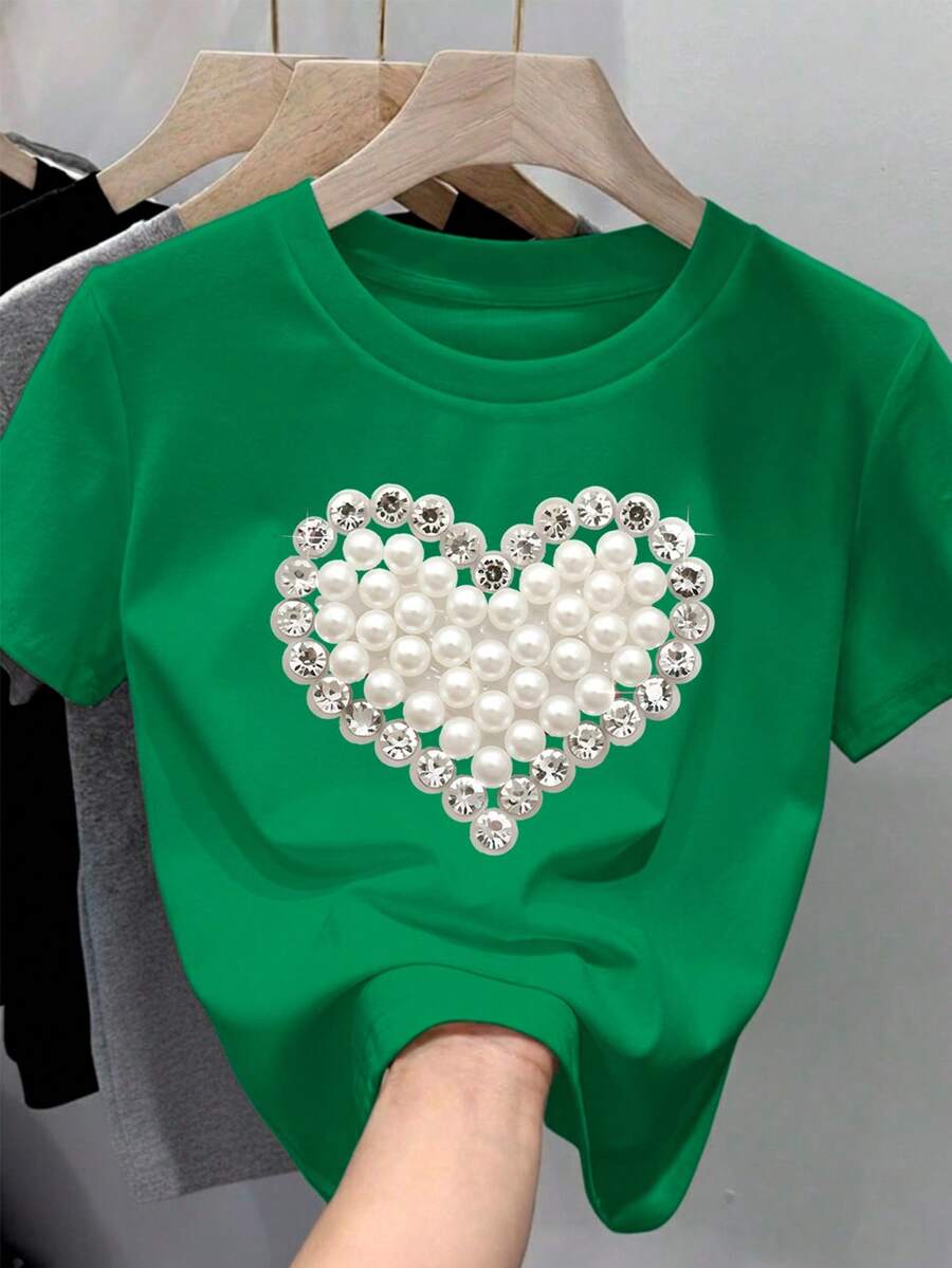 Camiseta para mujer de 100% algodón, suave y cómoda de manga corta y cuello redondo con estampado de simulación de perlas y brillos tipo diamantes en forma de corazón ideal para festividades de Febrero, mes del amor y el amigo Primavera Verano Playera holgada Regalos ideal - Verde Jade - Ver 1
