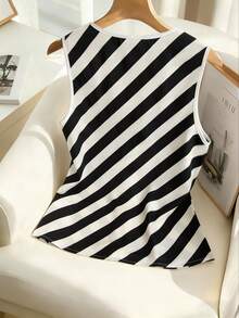 Franclia 女士V领无袖单排扣条纹背心，简约通勤百搭上衣 - 黑與白 - 查看 2