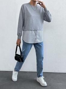 EURMUSE Contrast Striped Print Button Detail 2 In 1 Sweatshirt - Light Grey - View 3