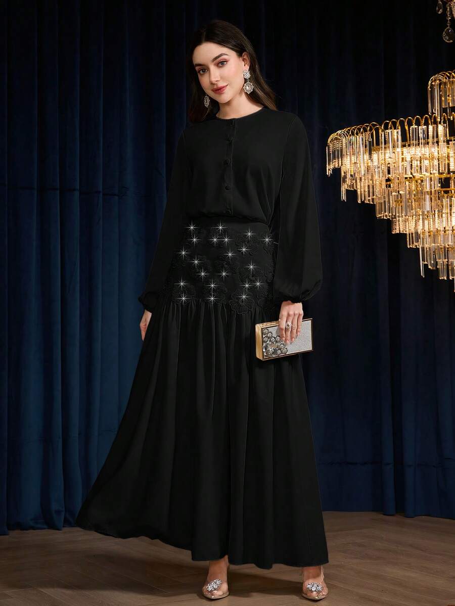 Modelyn Women's Fashion Shirt & Long Skirt 2 Pieces Set Black Abaya Abaya Dress Long Sleeve Long Dress Dress Modest Abayas Dubai Luxury - Black - View 1