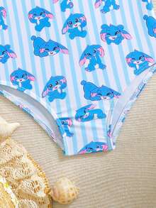 1pc Girls' Cute Cartoon Print Ruffled One-Piece Swimsuit,Blue Ruffle Strap Stitch Bathing Suit For Toddler Kids,Summer,Beach,Family Vacation,Holiday - Blue - View 3