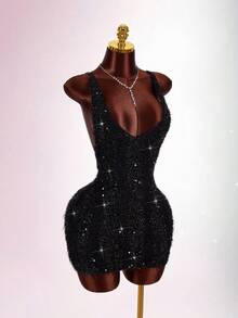 Amplova Sexy Backless Deep V-Neck Mini Bodycon Party Dress Sparkly Black Dress - Black - View 5