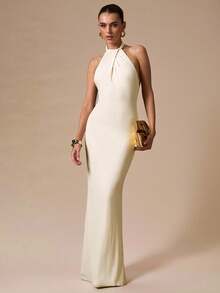 SHEIN BAE Vestido Bodycon Fishtail Decotado Cor de Damasco para Mulheres, Vestido Elegante Cor de Damasco Adequado para Coquetel, Encontro Romântico, Reunião, Evento Formal, Vestido de Dama de Honra, Vestido de Verão, Chá da Tarde, Natal, Ano Novo, Dia dos Namorados - Damasco - Visão 5