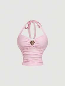 SHEIN MOD 2pcs/Set Women Jacquard Halter Top And Skirt - Baby Pink - View 5