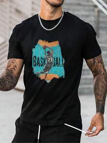 Versatile Baggy Short Sleeve T-Shirt With Fun Basketball Print, Ideal For Vacation, Work And Use - Black 8 - View 1