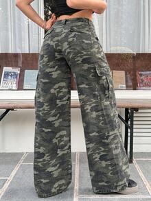 Rivivi Women's Casual Everyday Street Camo Wide Leg Denim Cargo Pants - Army Green - View 2