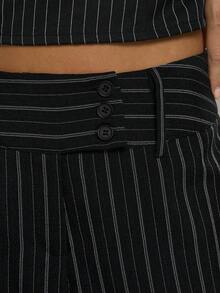 SHEIN Unity Quần tây nữ màu đen sọc, cạp thấp, cài hai hàng khuy, kiểu dáng retro, ống rộng loe, thích hợp mặc đi làm và dạo phố, mùa hè. - Đen và trắng - Xem 1