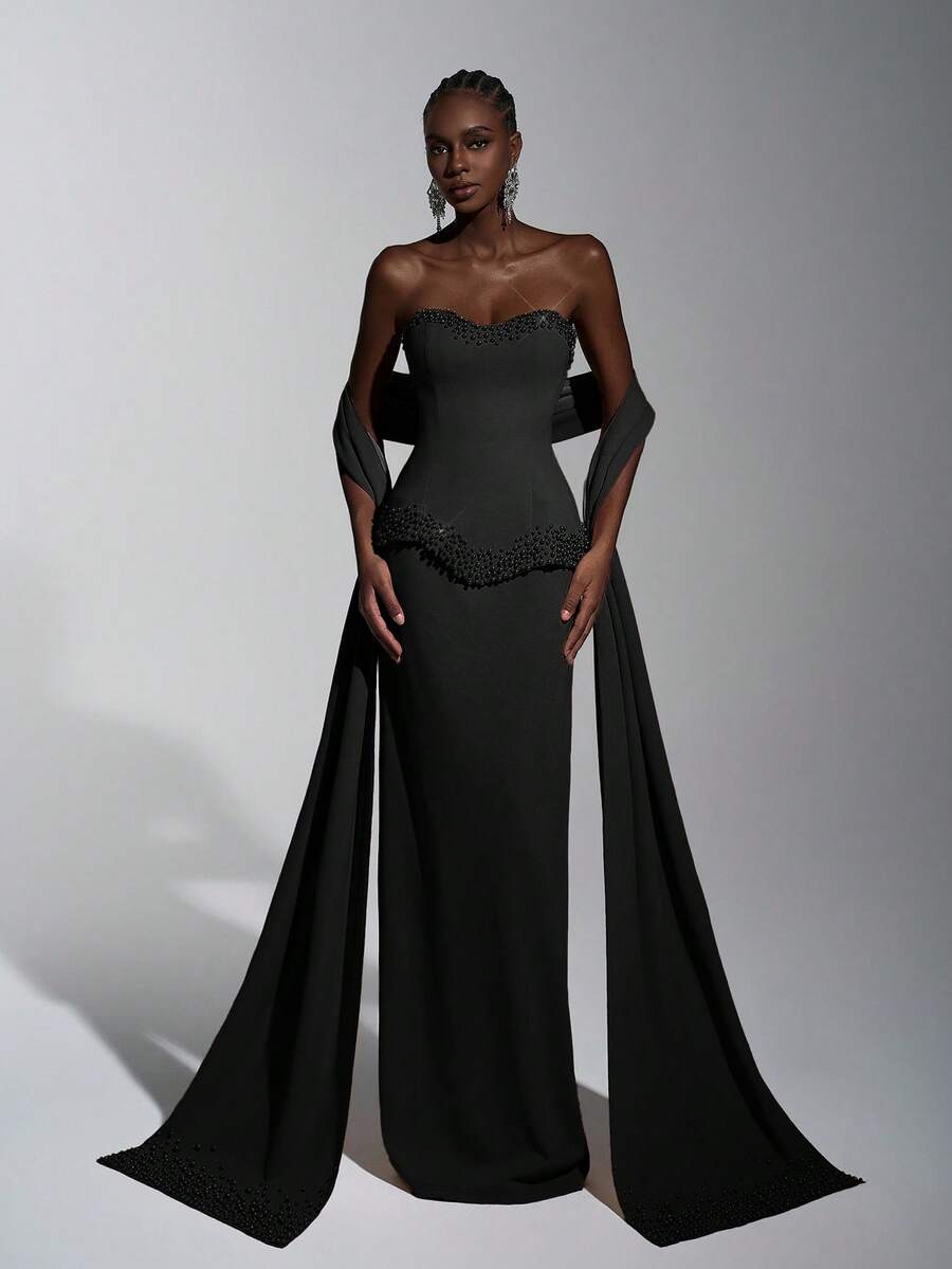 Elegant & Luxurious Women's Formal Evening Gown (Heavily Embellished) - Black - View 1