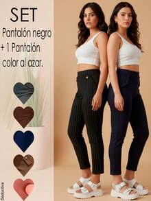 Set de 2 pantalones semi-entubados para mujer, clásicos, casuales y elegantes, multicolor, tela de algodón y poliéster, aptos para cualquier temporada. Ajuste de cintura natural y bolsillos funcionales. Frescos, ligeros y cómodos. Te llegarán 2 pantalones: 1 en color negro y 1 en color al azar. - Multicolor - Ver 7