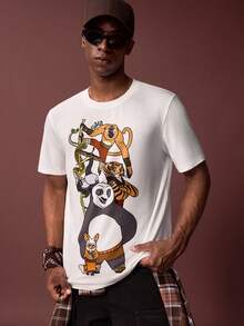 Kung Fu Panda X SHEIN Men's Casual Everyday Commute Cartoon Print White Short Sleeve T-Shirt, Summer - White - View 5