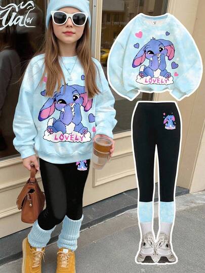 SHEIN 2 pièces Ensemble de tenue décontractée pour préadolescentes : Sweat-shirt-shirt tie-dye avec motif mignon de lapin bleu Lulu et Stitch, et leggings. Pull confortable à manches longues et pantalon skinny pour l'automne/l'hiver