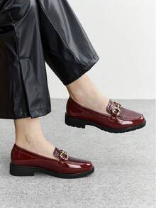 CUCCOO BIZCHIC Slip-On Thick Sole Fashion Versatile Casual British Style Burgundy Loafers, Women Shoes, College Style Oxfords - Burgundy - View 5