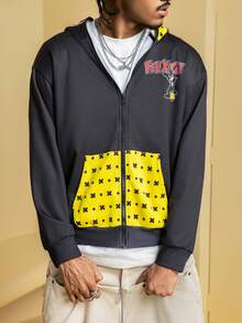 SHEIN Felix The Cat Men's Colorblock Letter & Cartoon Graphic Zip-Up Hoodie - Black - View 3