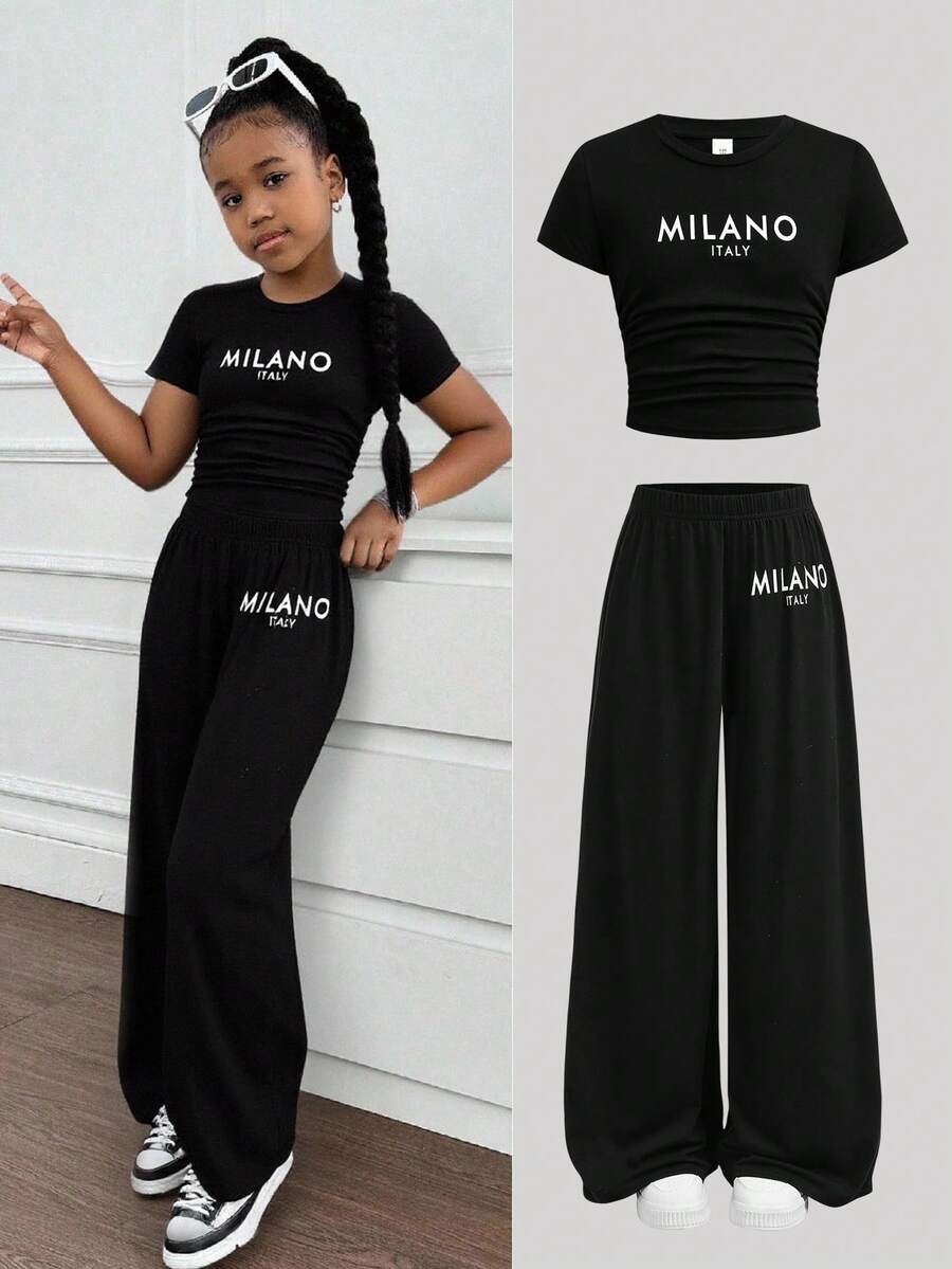 Tween Girl Fashion Casual Black Round Neck Letter Print Ruched Short Sleeve Fitted Knit T-Shirt And Relaxed Straight Leg Pants Set, Suitable For Home, Outings, Travel & Vacation, Milano Italy - Black - View 1