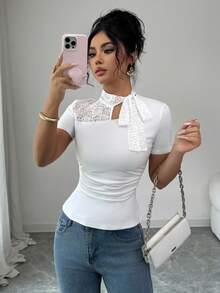 Elenzga Elegant Contrast Lace Hollow Bow Tie Short Sleeve T-Shirt - White - View 7