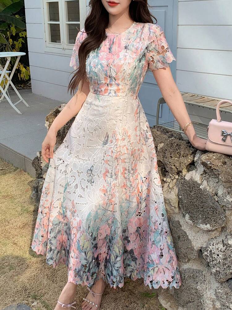 Women's Elegant Round Neck Printed Mid-Length Dress Sundress