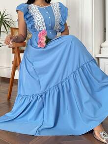 Vibekara Nuevo Vestido de Primavera/Verano con Estilo Francés Elegante, Encaje Patchwork, Cintura Ceñida y Mangas Largas Acampanadas - Azul - Ver 2
