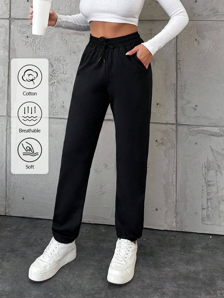 EURMUSE Cotton Women's Drawstring Waist Pocket Jogger Pants - Black - View 1