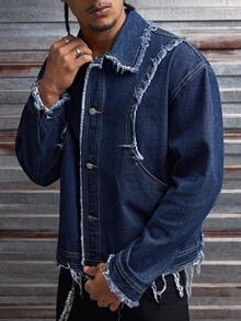 AXEPEAK Men's Distressed Denim Jacket With Frayed Edges, Fashionable And - Blue - View 5