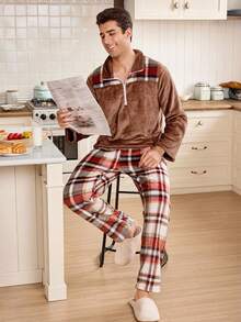 CoupledUp Contrast Plaid Flannel Casual Loose Men's Pajama Set - Brown - View 6
