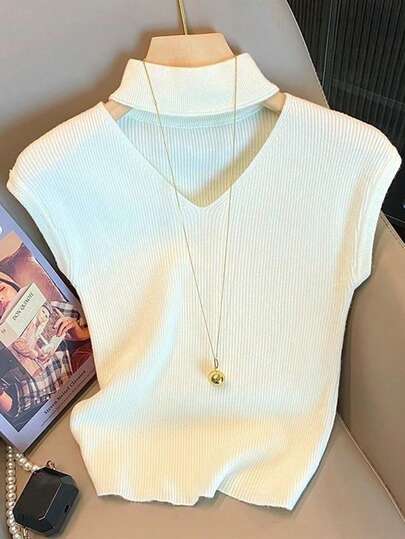 Resyla Top tricoté côtelé à épaule oblique de couleur unie pour femmes, décontracté et pratique pour le trajet