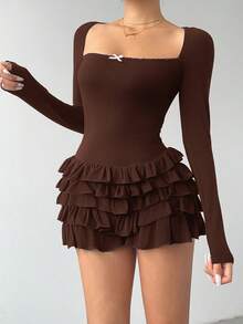 Aloruh 女士性感蝴蝶结装饰荷叶边下摆方领长袖连体衣 - 棕色 - 查看 2