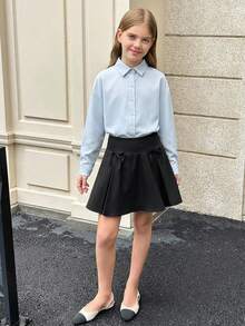 SHEIN Tween Girls' Casual Fashionable Versatile Woven Solid Color Back Slit Bow Decor Turndown Collar Long Sleeve Fitted Blouse, Back To School - Baby Blue - View 5