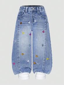Jeans de pierna ancha de mezclilla desgastada y desteñida con panel frontal personalizado y lazo 3D, pantalones casuales versátiles, azul, estilo niñas de los 90s, K-pop de los 90s - Azul - Ver 2