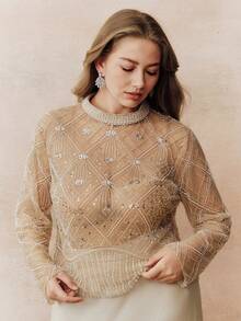 Anewsta Blusa de manga larga con cuentas de lujo y alta gama para mujeres de talla grande, adecuada para eventos formales - Albaricoque - Ver 4