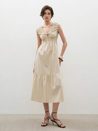 ATUI Studio Enfärgad, djup V-ringad, knytband framtill, vardagsklänning för kvinnor