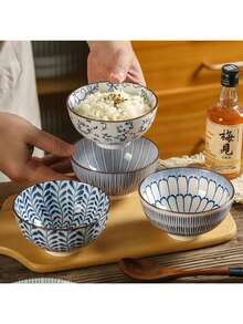 4 件/6 件日式釉下彩陶瓷饭碗、4.5 英寸汤碗、中国风陶瓷碗、沙拉碗、学校用品 - 彩色 - 查看 16