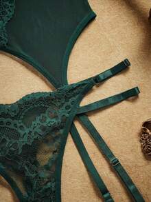 Conjunto de ropa interior sexy para mujer de 4 piezas con encaje y malla de contraste con aros - Verde Oscuro - Ver 8