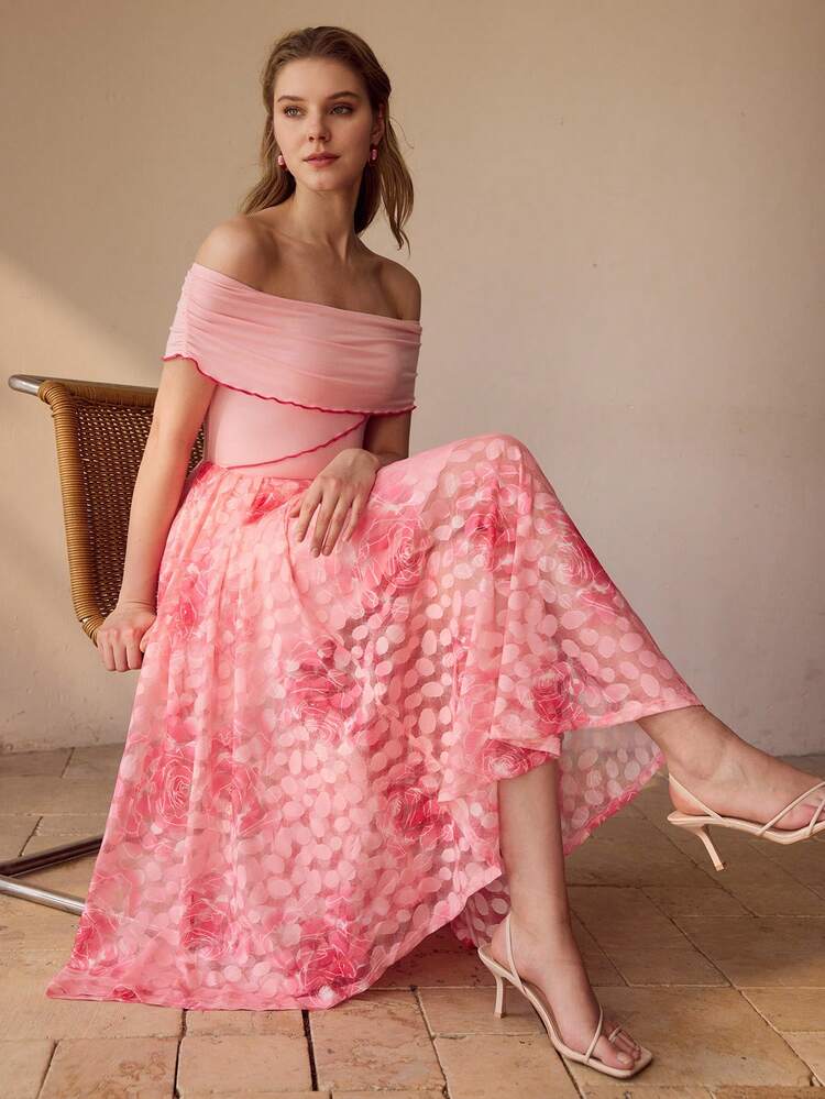 WOMEN'S MESH PANEL OFF-SHOULDER DRESS