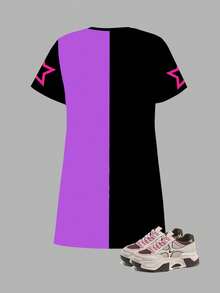 Tween Girl Casual Chic Colorful K-POP Girl Group Letter & Star Print Violet & Black Contrast Color Block Round Neck Short Sleeve Dress, Suitable For Holidays, Parties, Daily Wear, Concerts Y2k Kid Clothes Kids Kpop Outfit Tween Girl Clothes Y2k Graphic E Girl Clothes - Multicolor - View 3