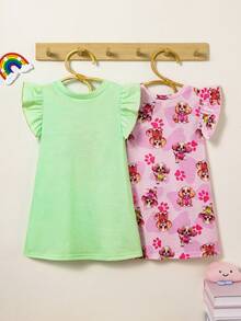 SHEIN 2件套女婴可爱狗狗印花荷叶边袖睡衣套装，夏季女婴家居服连衣裙度假睡衣上衣裤子T恤女婴服装女童夏季服装女婴服装春季婴儿睡衣假日旅行休闲夏季服装 - 彩色 - 查看 2