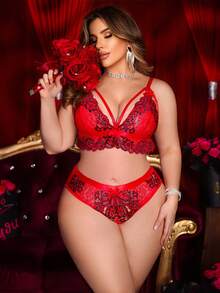 SHEIN 2 piezas Conjunto de lencería sexy de encaje talla grande, Día de San Valentín - Multicolor - Ver 3